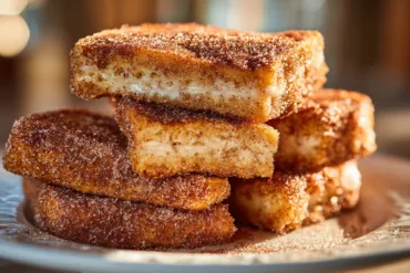 churro stuffed french toast stacked with cinnamon sugar