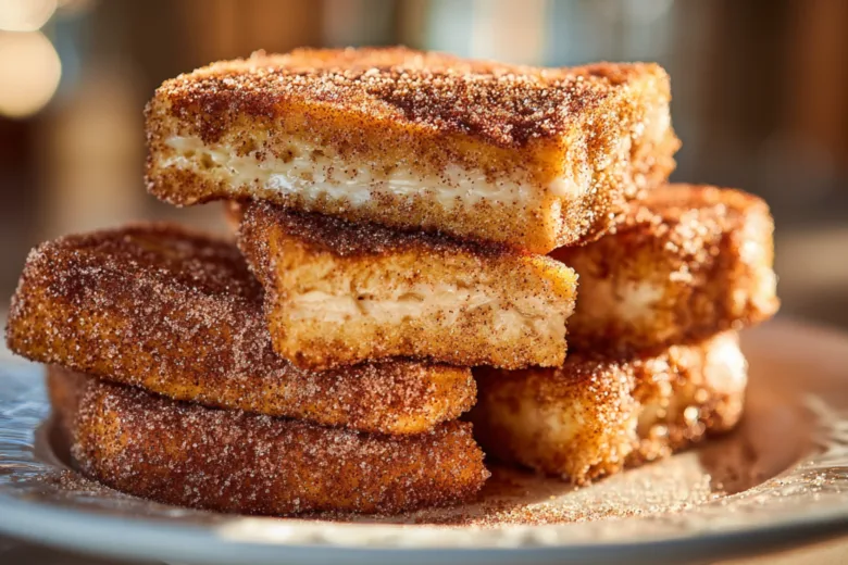 churro stuffed french toast stacked with cinnamon sugar