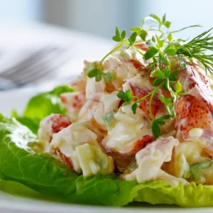 A delicious crab salad with fresh ingredients arranged beautifully on a plate.