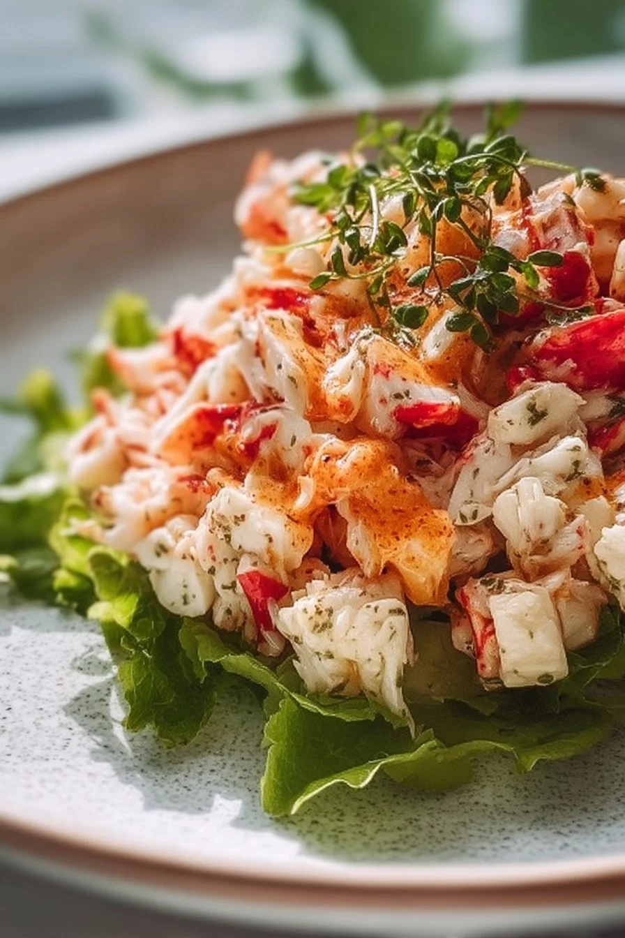 A delicious crab salad with fresh ingredients arranged beautifully on a plate.