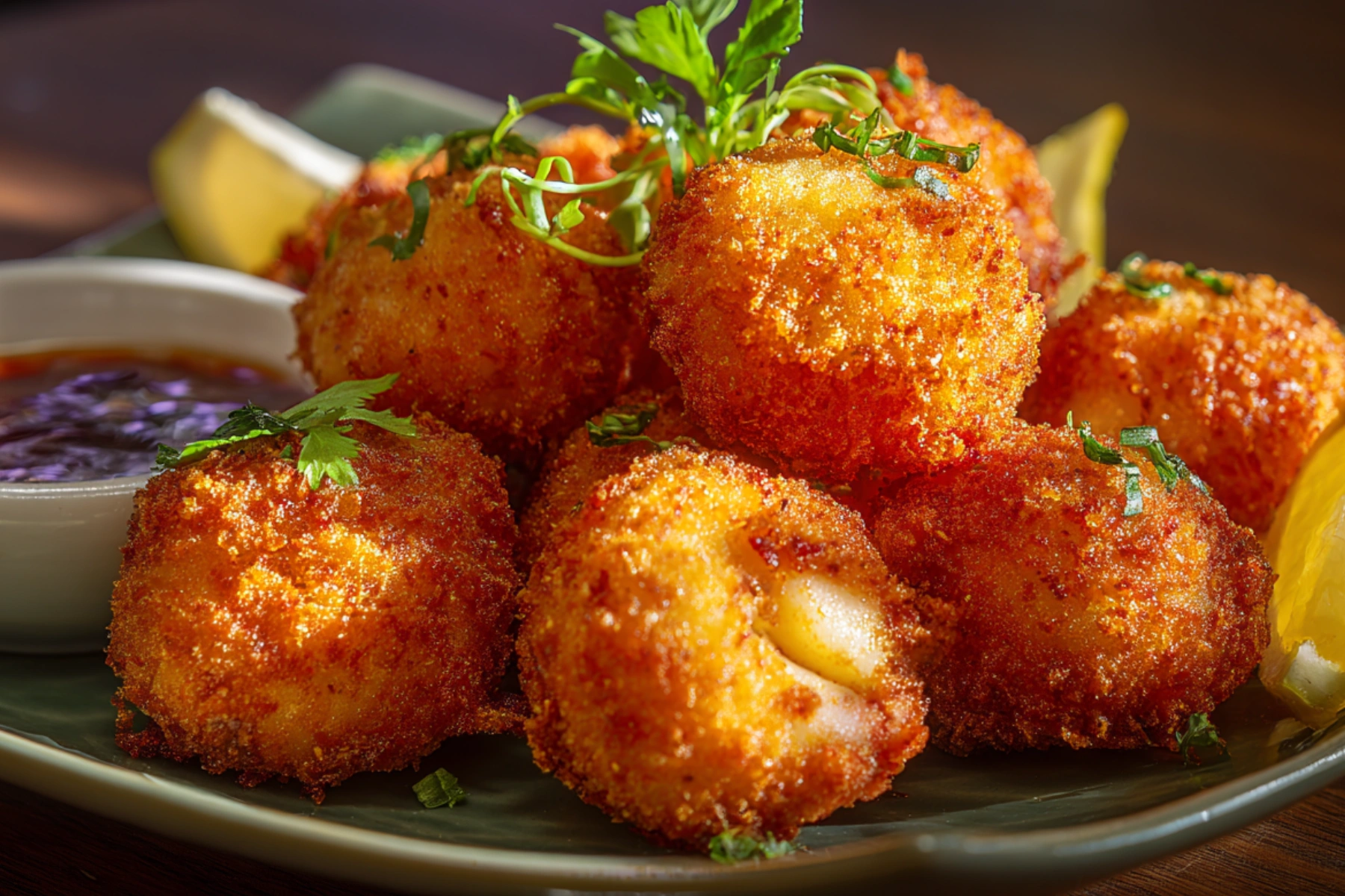 crispy shrimp balls golden fried appetizer with dipping sauce