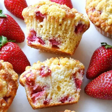 Freshly baked Strawberry Cream Cheese Muffins with creamy filling and juicy strawberries