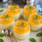 Easy Vegan Mango Mousse topped with coconut cream and fresh mango pieces.