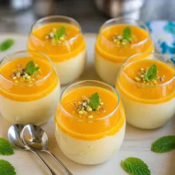 Easy Vegan Mango Mousse topped with coconut cream and fresh mango pieces.