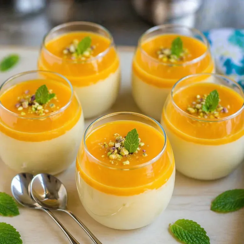 Easy Vegan Mango Mousse topped with coconut cream and fresh mango pieces.