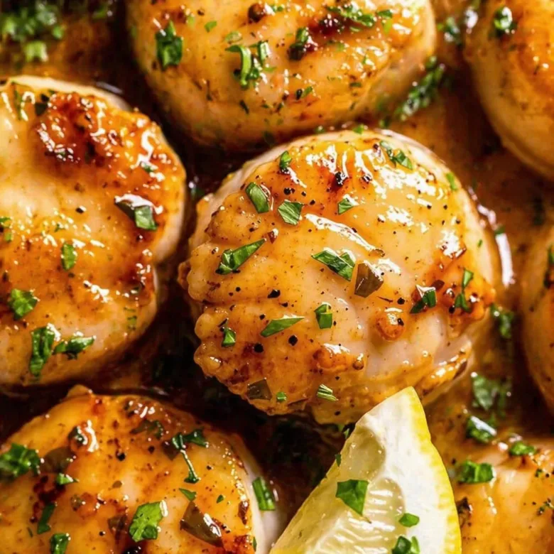 Easy seared scallops with lemon butter sauce served on a plate