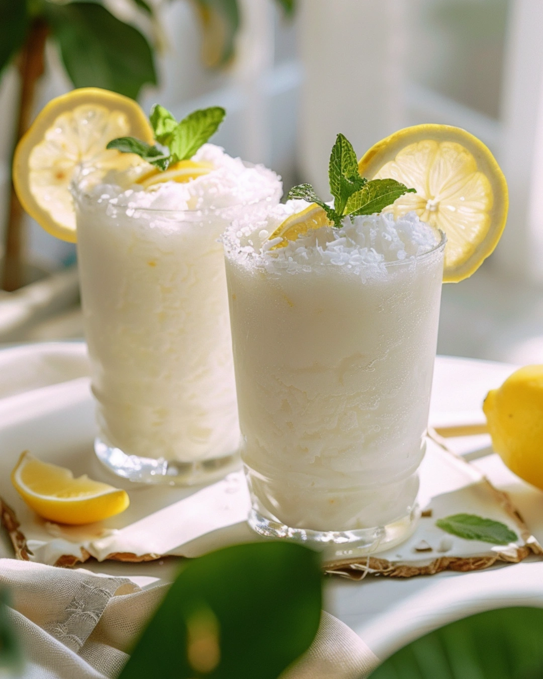 frozen coconut lemonade served with mint and lemon