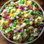 green pea salad creamy with cheddar cheese and turkey bacon