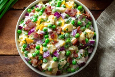 green pea salad creamy with cheddar cheese and turkey bacon