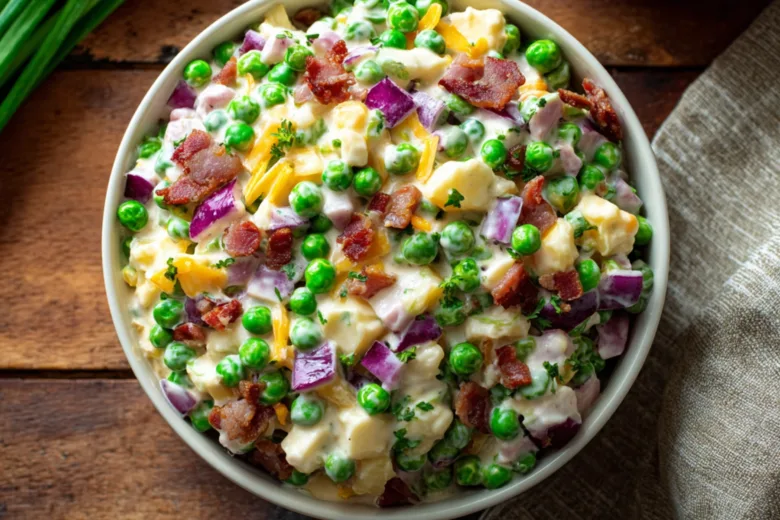 green pea salad creamy with cheddar cheese and turkey bacon