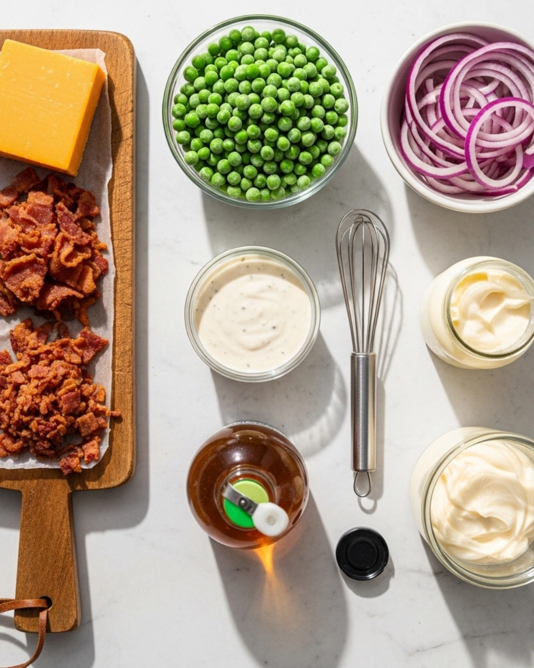 ingredients for green pea salad recipe peas cheese onion