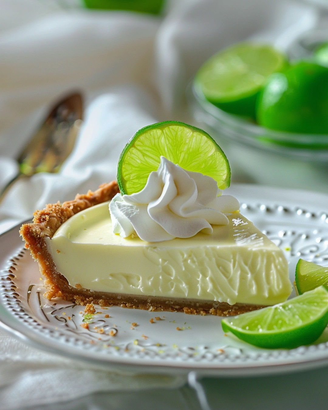 Slice of No-Bake Key Lime Pie served with whipped cream
