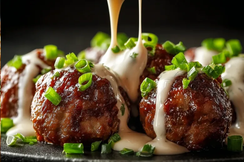 Korean BBQ meatballs served with spicy mayo dip on a plate