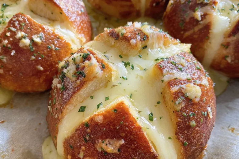 Korean cream cheese garlic bread with melted filling and golden crust