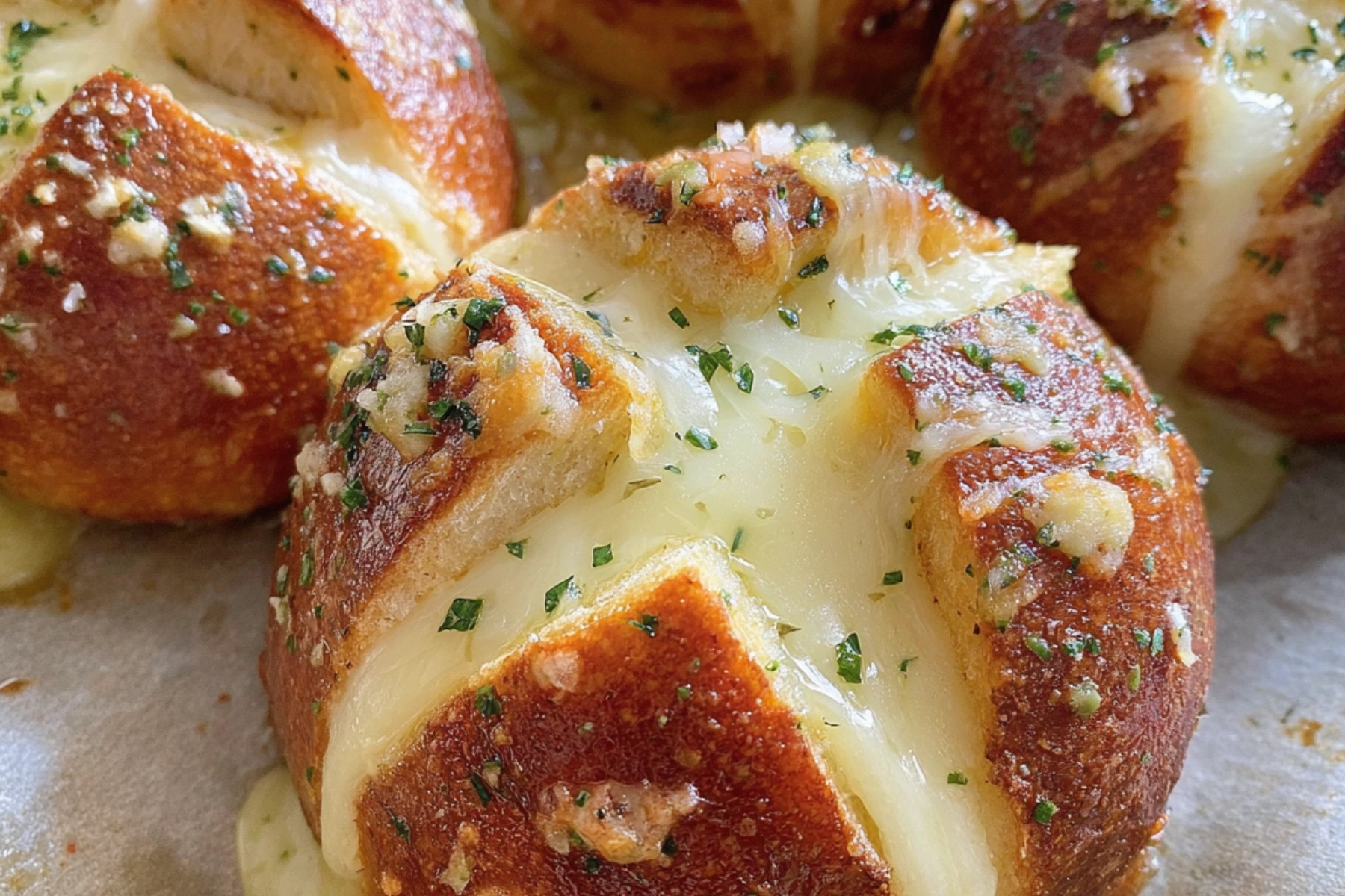Korean cream cheese garlic bread with melted filling and golden crust