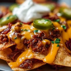 Plate of loaded nachos with cheese, jalapeños, and toppings