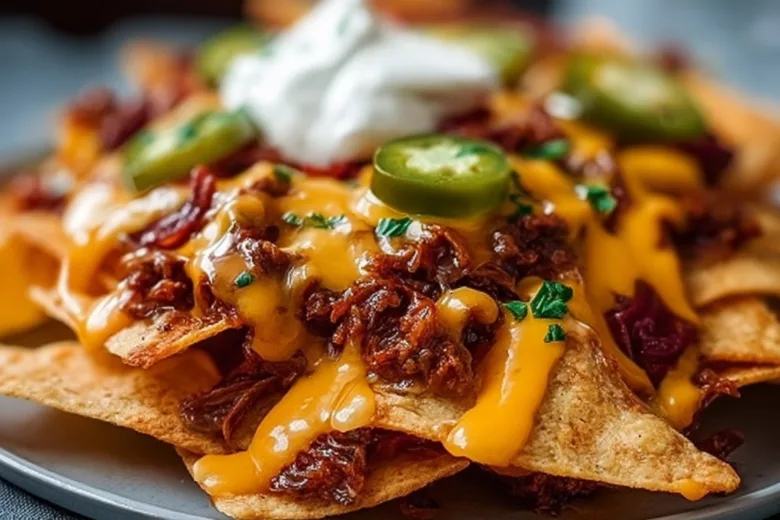 Plate of loaded nachos with cheese, jalapeños, and toppings