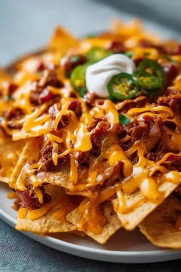 Plate of loaded nachos with cheese, jalapeños, and toppings