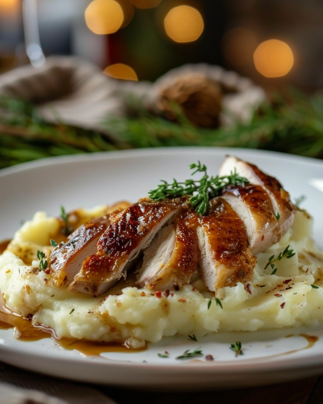 mashed potatoes with roasted garlic served with chicken