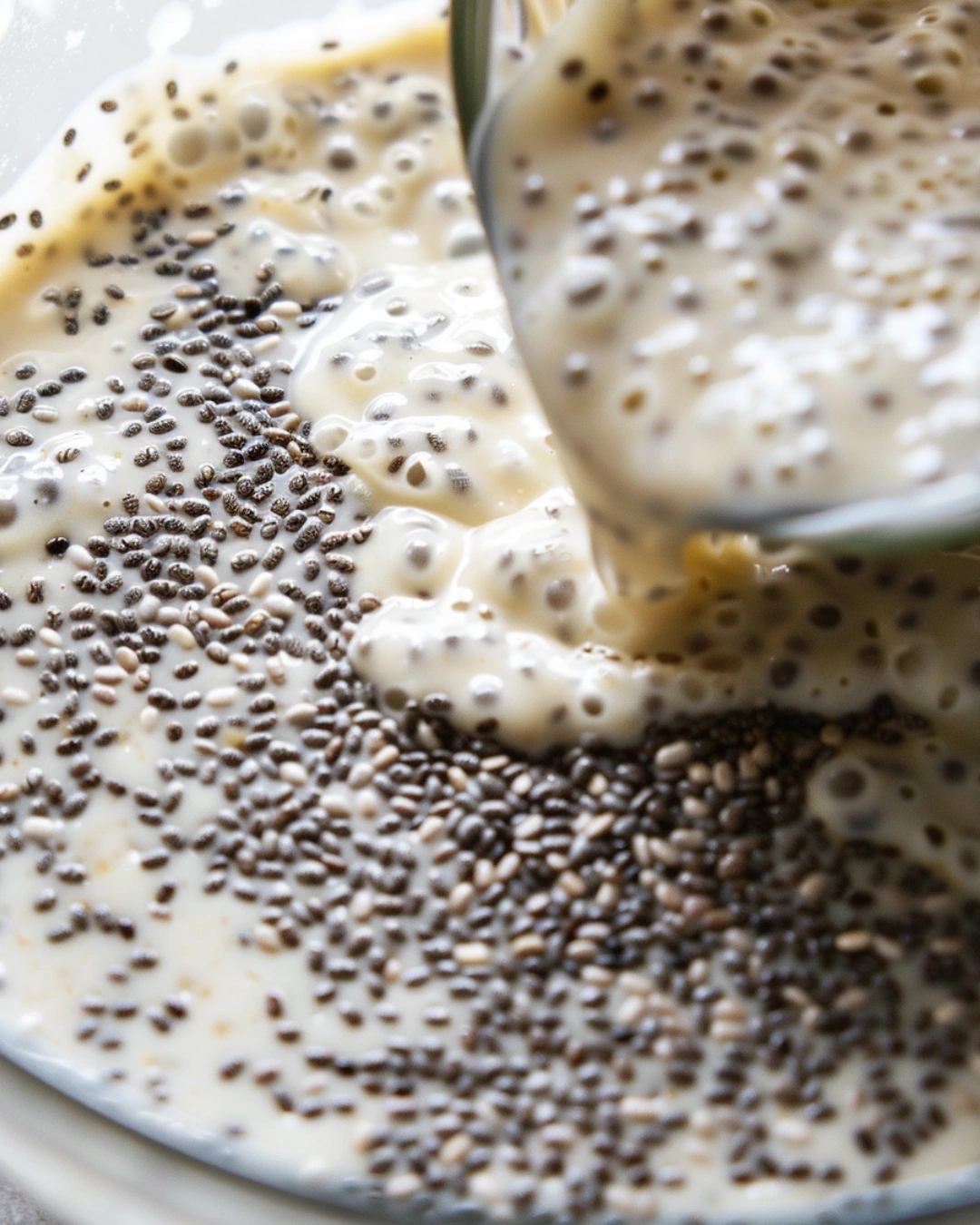 mixing coconut milk chia pudding