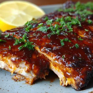 Oven baked BBQ ribs served on a platter with sauce and garnish