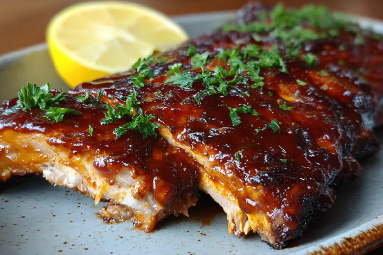 Oven baked BBQ ribs served on a platter with sauce and garnish