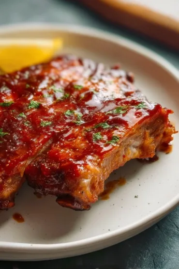 Oven baked BBQ ribs served on a platter with sauce and garnish