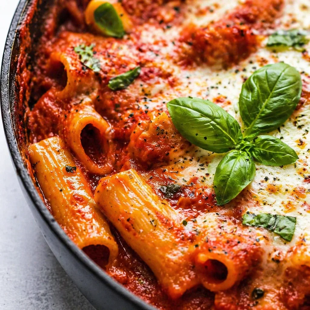 Delicious Easy One-Pan Lasagna served in a skillet with layers of cheese and meat sauce.