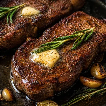 A succulent pan-seared steak topped with garlic butter, served with sides.