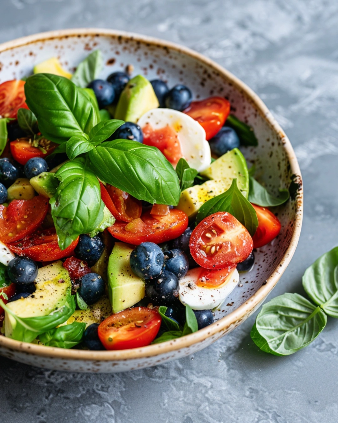 serving blueberry avocado caprese salad