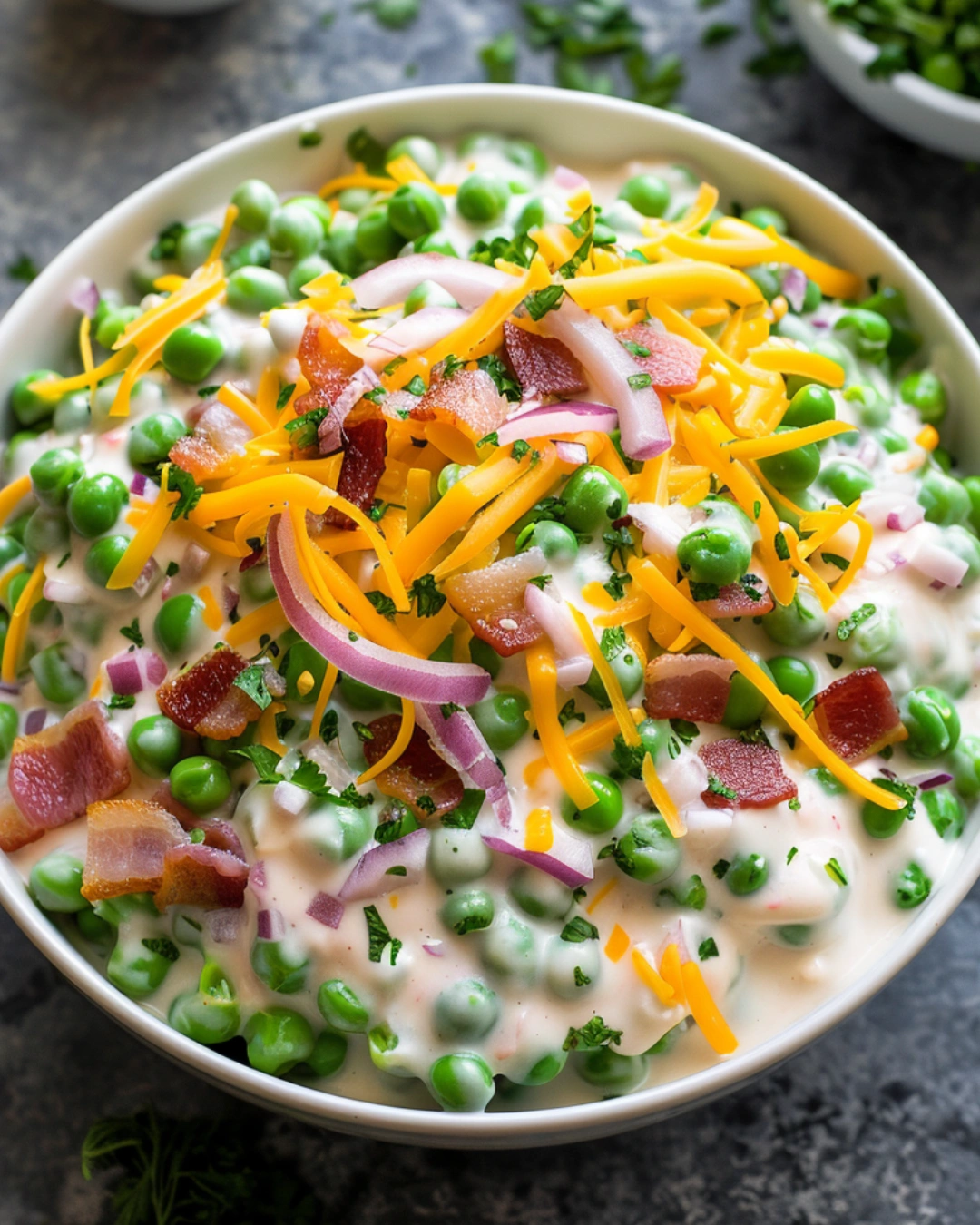 serving green pea salad creamy side dish