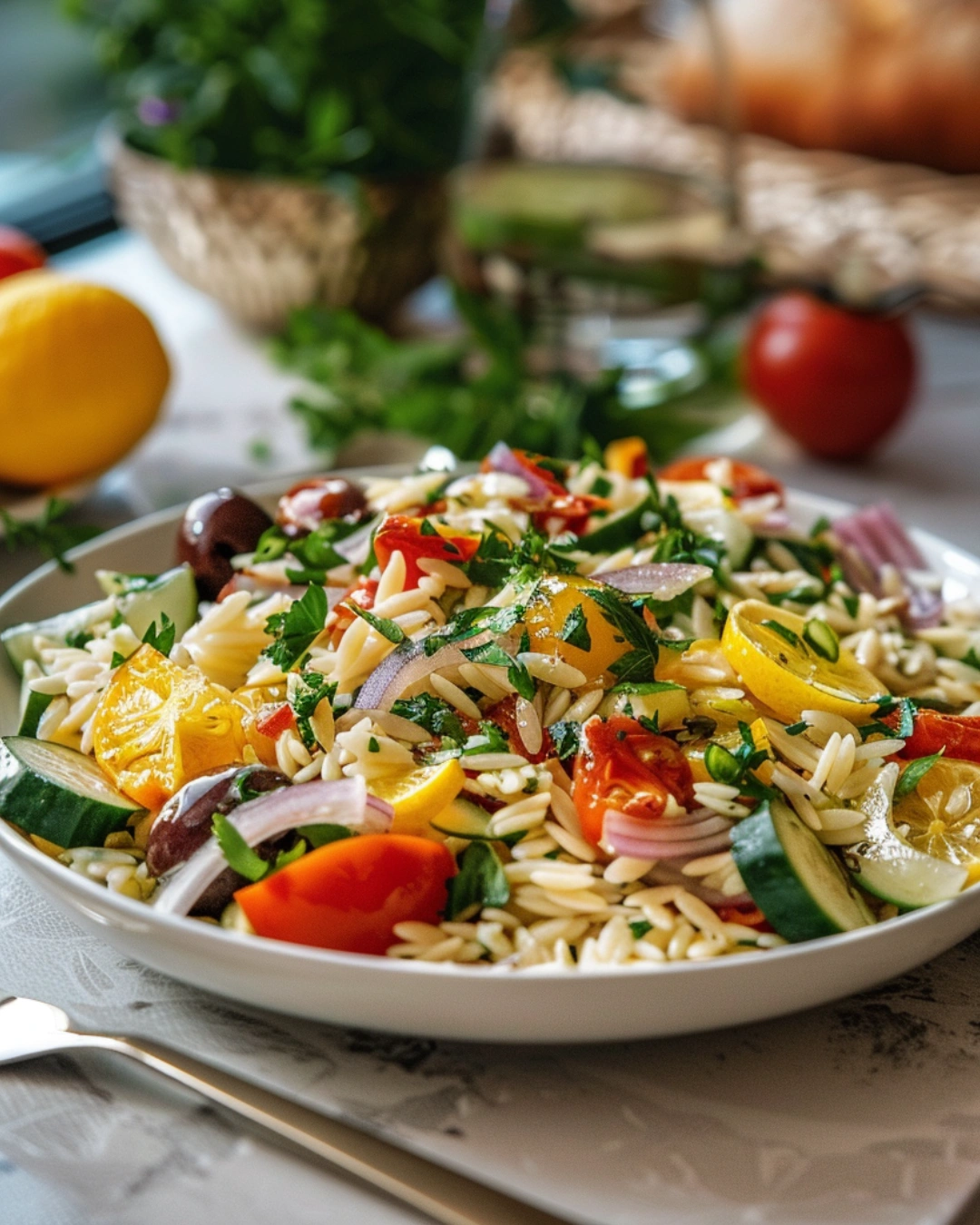 serving lemon orzo salad