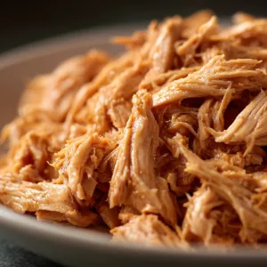 Slow-cooked shredded chicken in a bowl, ready for tacos and sandwiches.