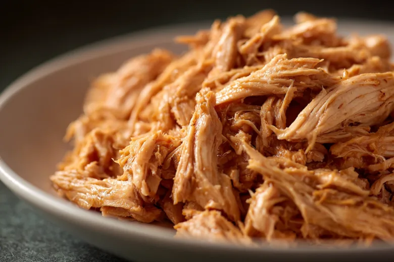 Slow-cooked shredded chicken in a bowl, ready for tacos and sandwiches.
