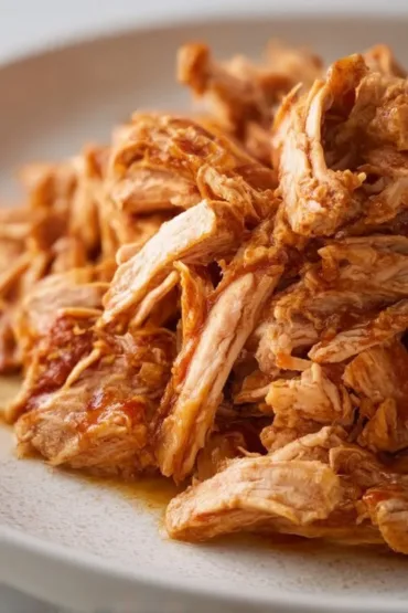 Slow-cooked shredded chicken in a bowl, ready for tacos and sandwiches.