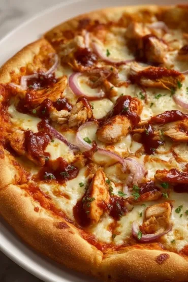 Smoky BBQ Chicken Pizza with chicken, BBQ sauce, and cheese on a wooden board