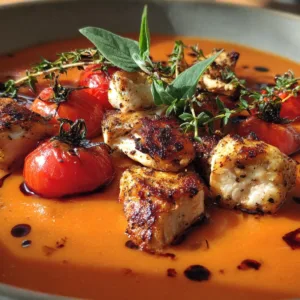 Smooth tomato basil soup with chicken served in a bowl