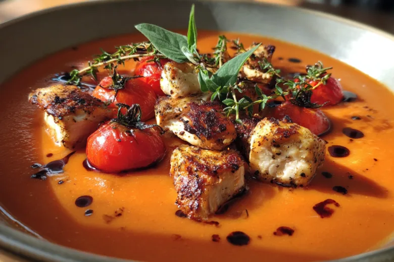 Smooth tomato basil soup with chicken served in a bowl