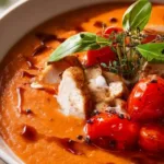 Smooth tomato basil soup with chicken served in a bowl
