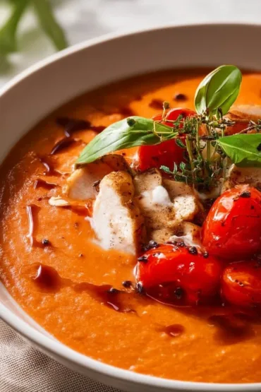 Smooth tomato basil soup with chicken served in a bowl