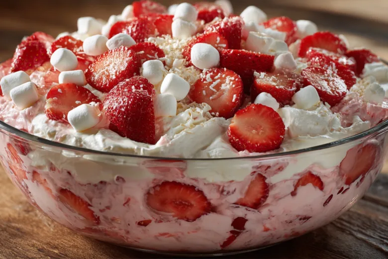 Strawberry Ambrosia Salad creamy dessert with fresh strawberries