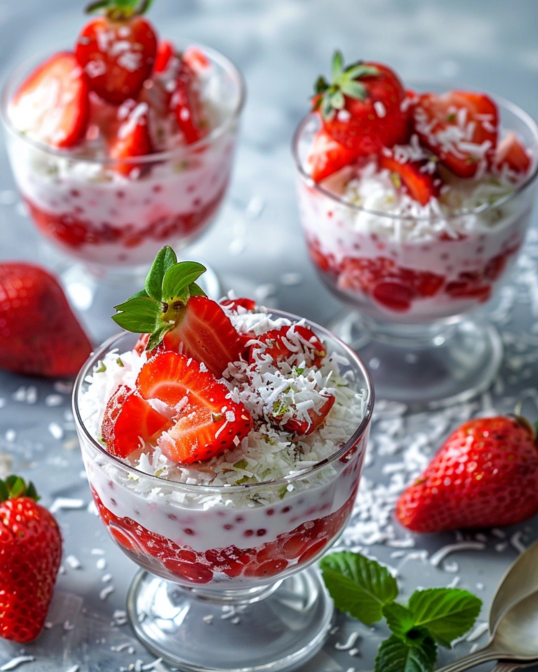 Strawberry Ambrosia Salad served in dessert cups