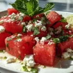 summer watermelon salad with feta cheese in bowl fresh basil lime healthy recipe