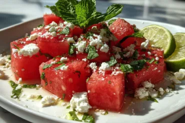 summer watermelon salad with feta cheese in bowl fresh basil lime healthy recipe