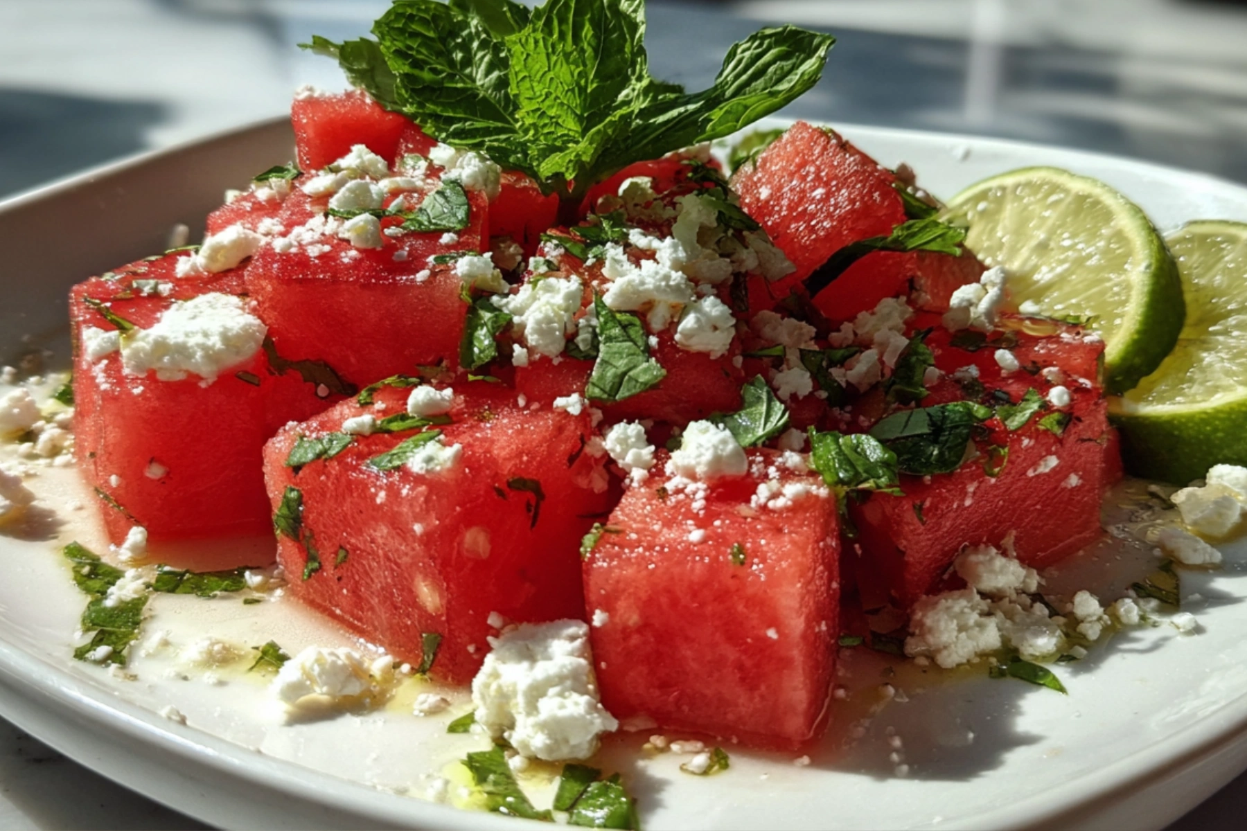 summer watermelon salad with feta cheese in bowl fresh basil lime healthy recipe