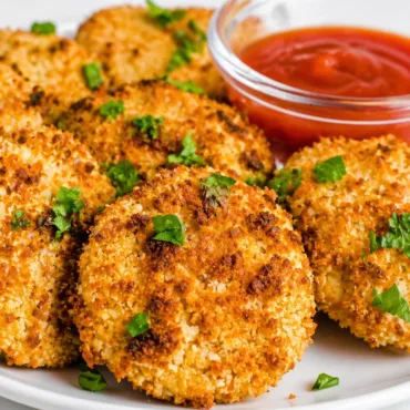 Plate of Veggie Chickpea Nuggets served with dipping sauce.