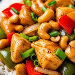 Delicious 30-Minute Cashew Chicken stir fry with vegetables and cashews.