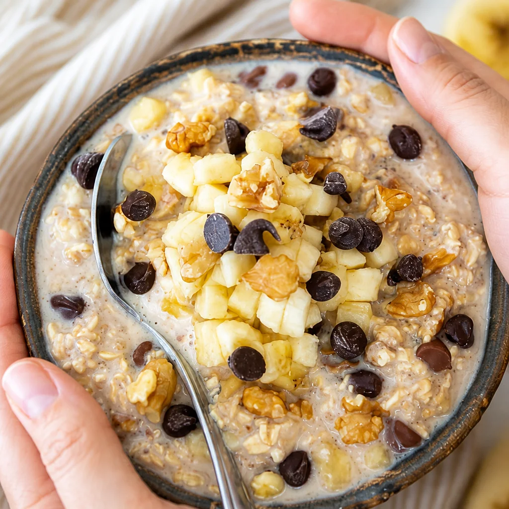 Delicious Chunky Monkey Overnight Oats with banana, peanut butter, and chocolate.
