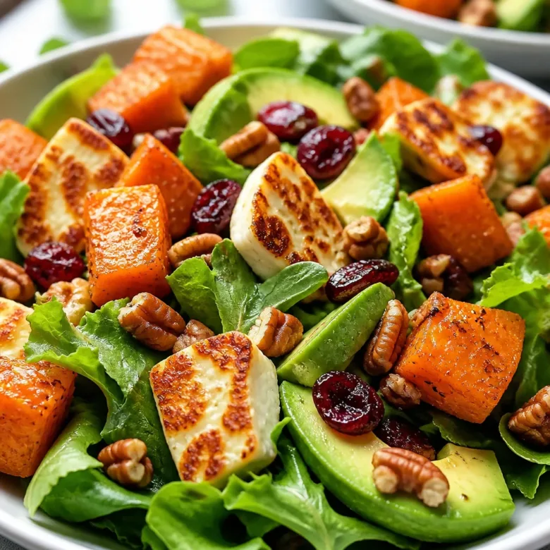 Delicious Sweet Potato Halloumi Salad with Mint Yogurt, garnished with fresh herbs.
