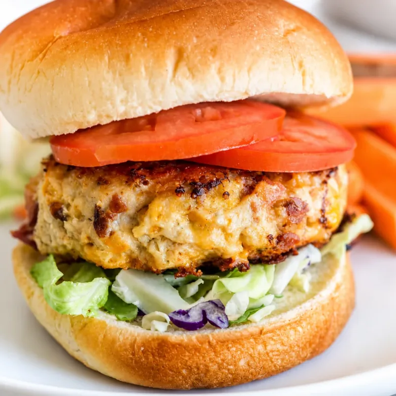 Cheddar Ranch Chicken Burger Patties served on a plate with fresh toppings